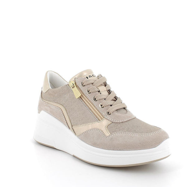 Sneakers con zeppa da donna beige e platino con zip