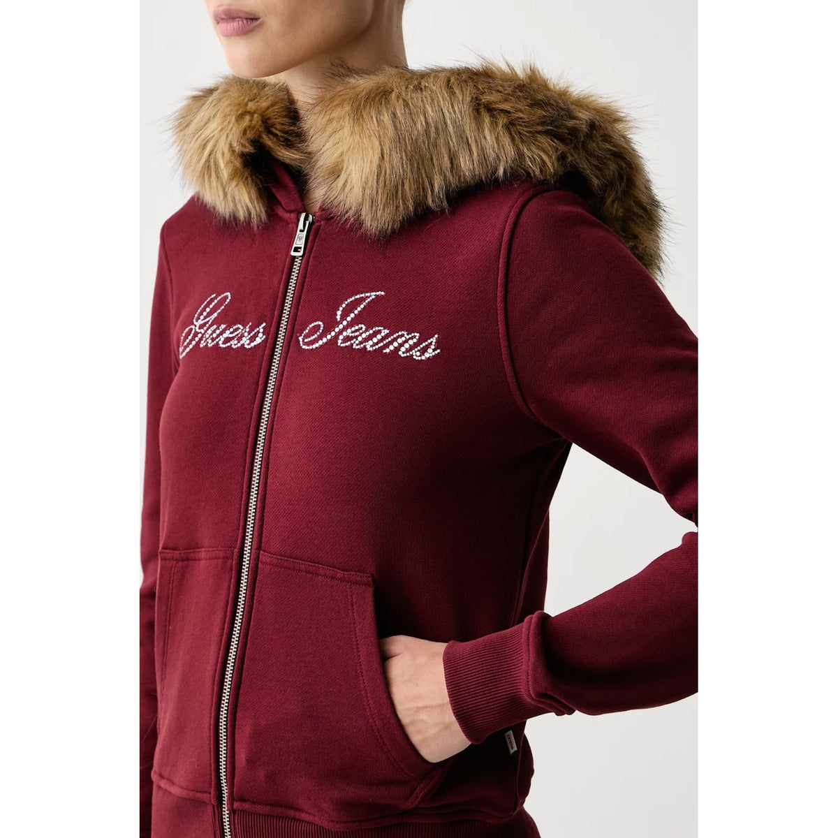 Guess - felpa con cappuccio guess in pelliccia sintetica