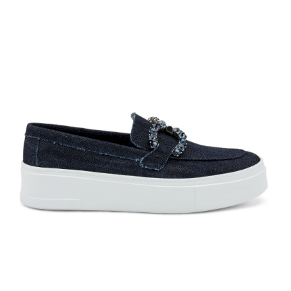 Slip-on in denim con morsetto gioiello