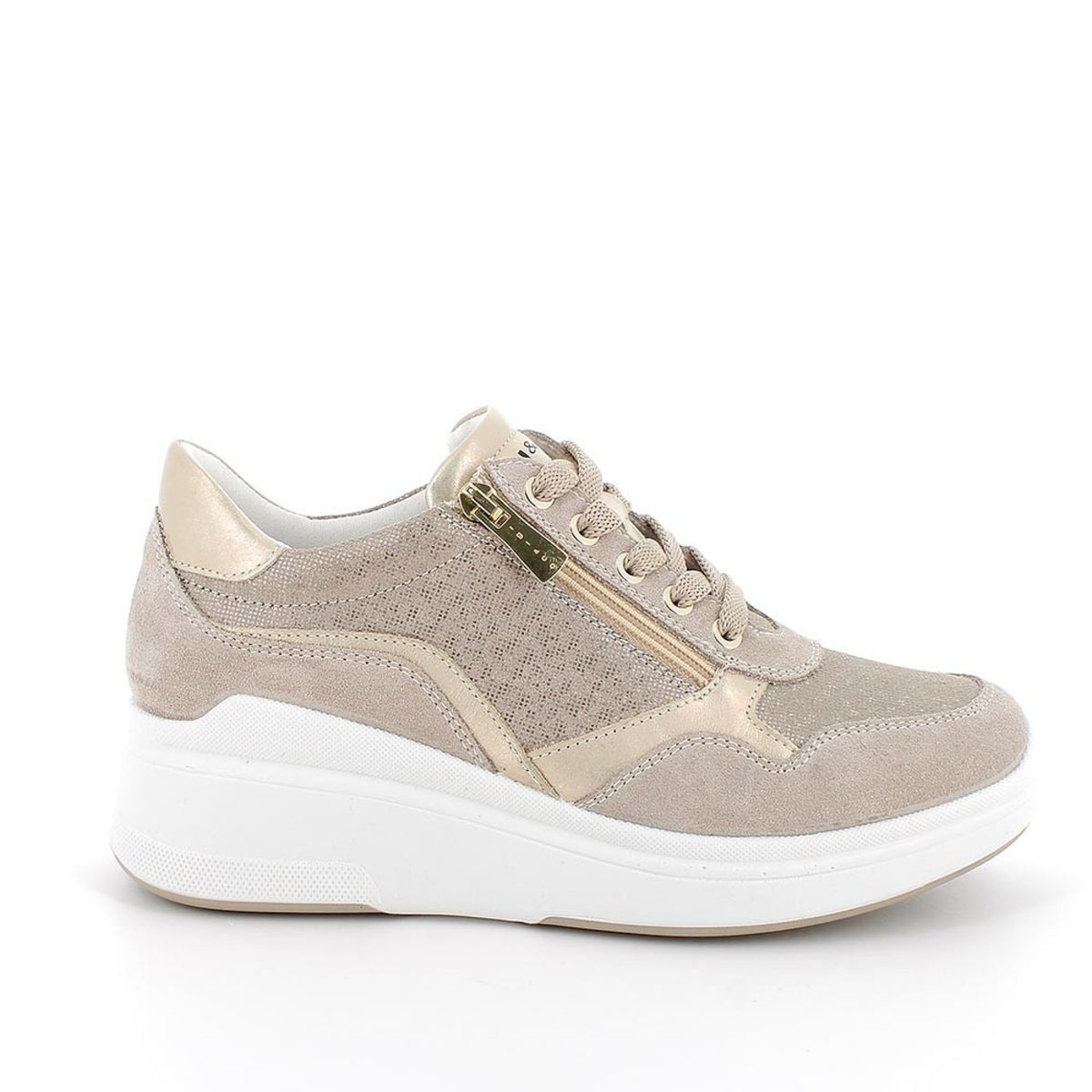 Sneakers con zeppa da donna beige e platino con zip