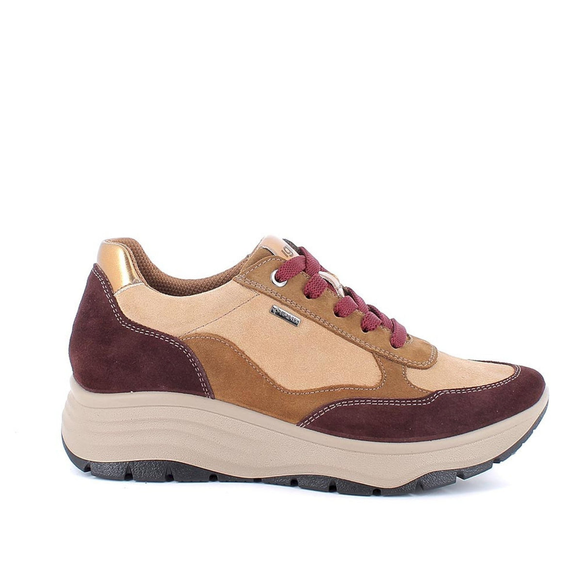 Sneakers gore-tex con zeppa da donna marrone e bordò con lacci