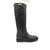 Stivale in pelle nera stile cavallerizzo tubolare con cinturino giro polpaccio chiuso da fibbia metallica color oro.