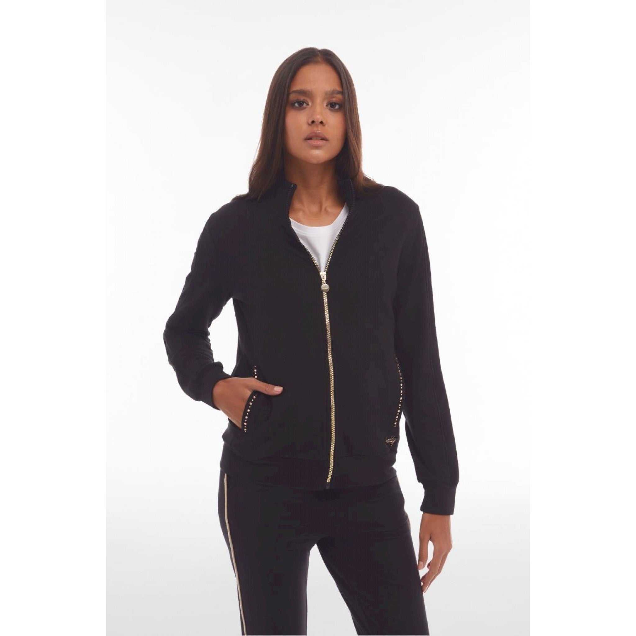Freddy felpa zip e collo alto da donna con piping satin e strass