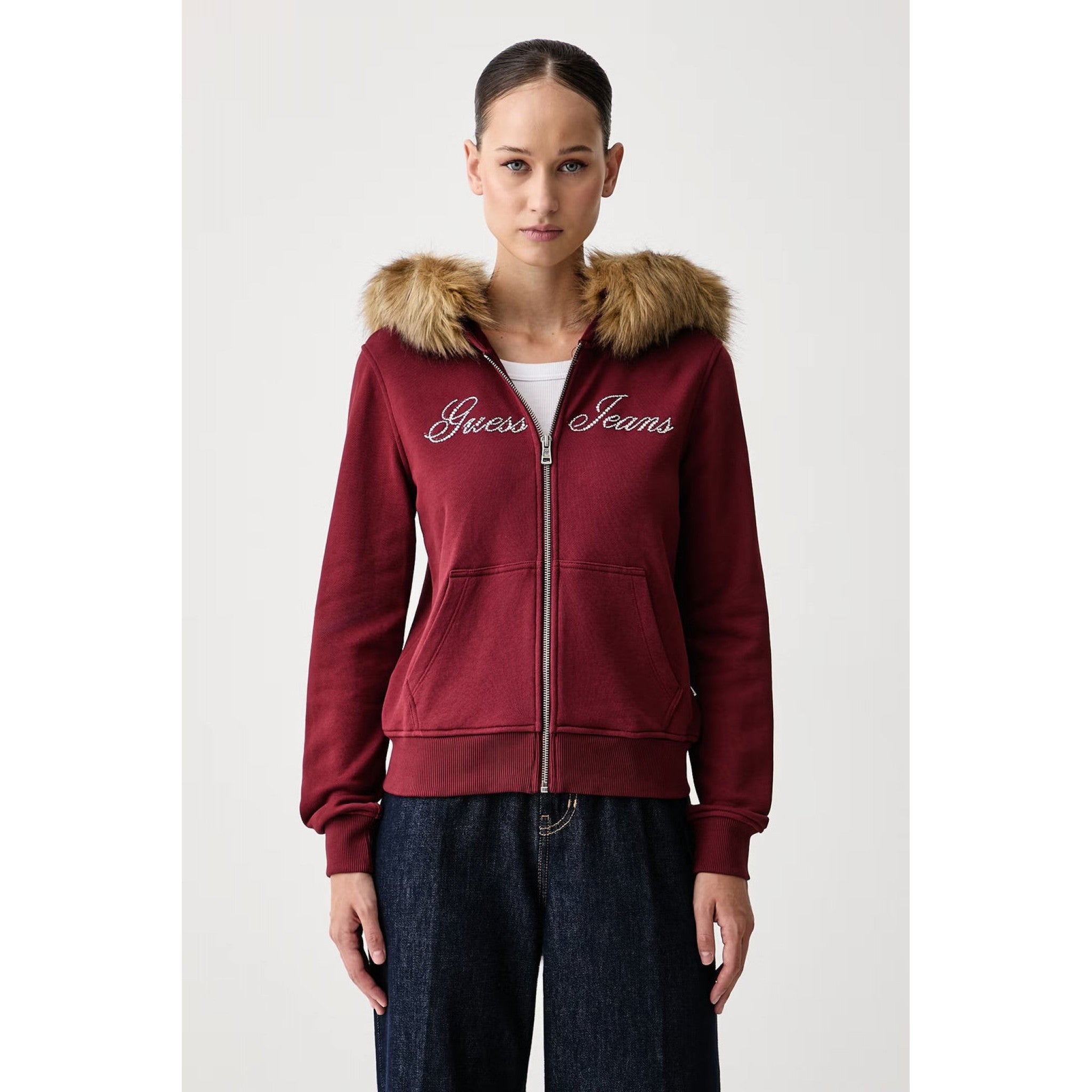 Guess - felpa con cappuccio guess in pelliccia sintetica